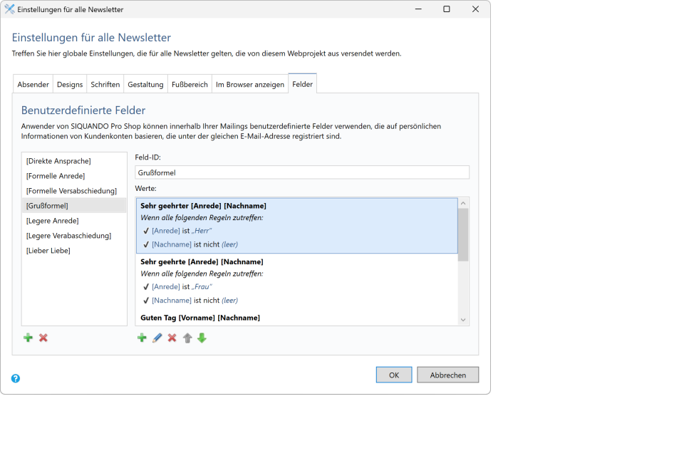 Collage aus Bildschirmfotos, die das personalisieren von Newslettern mit Kundendaten aus Pro Shop verdeutlichen.
