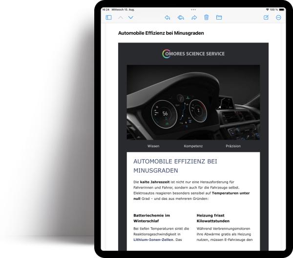 Tablet in dem man einen Newsletter mit Absatztyp Text sieht.