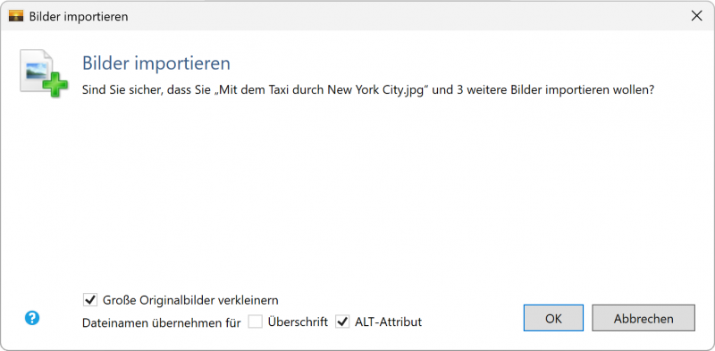 Bildschirmfoto Dialog Bildimport mit ALT.