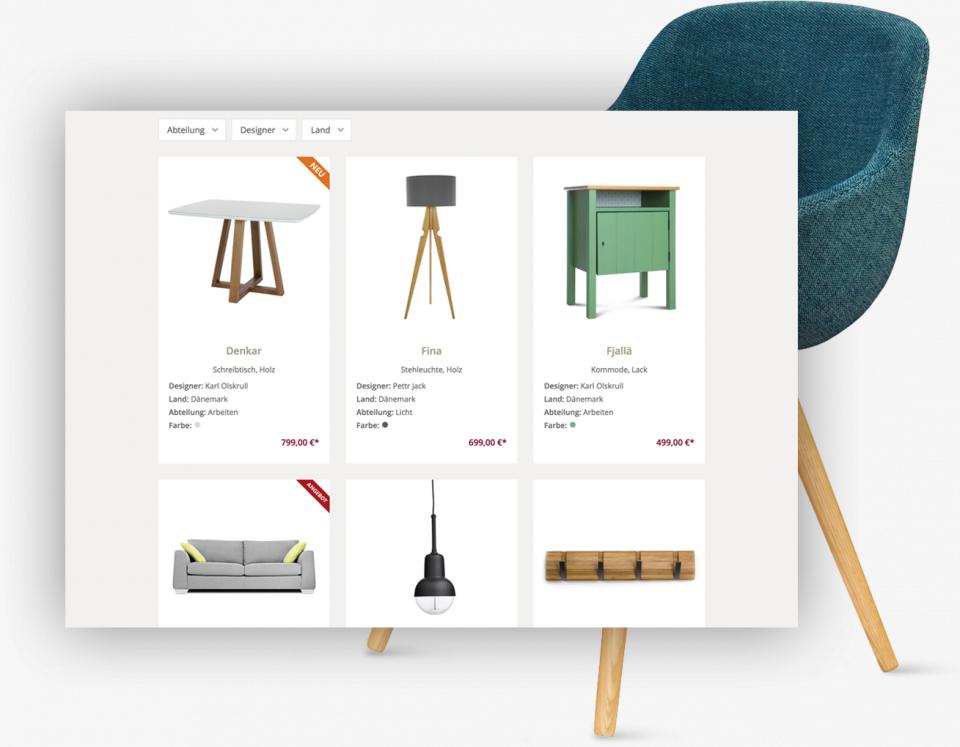 Über Stuhl schwebendes Bildschirmfoto Aufmacher mit Sortierfunktion.