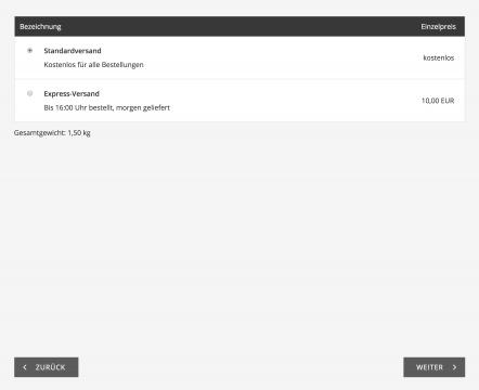 Bildschirmfoto Ausschnitt Versandarten.