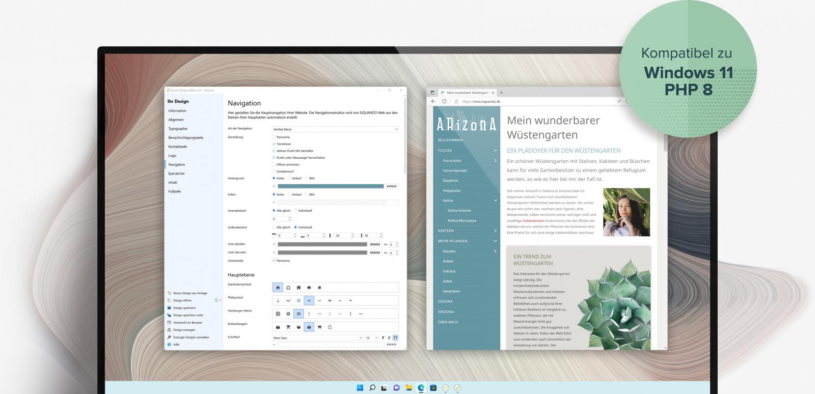 Großer Bildschirm mit zwei Fenstern von SIQUANDO Web und einer damit erstellten Website.