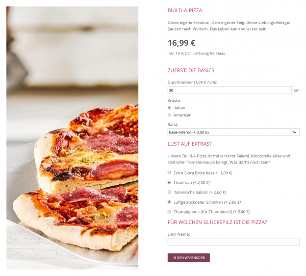 Bildschirmfoto Ausschnitt konfigurierte Pizza.