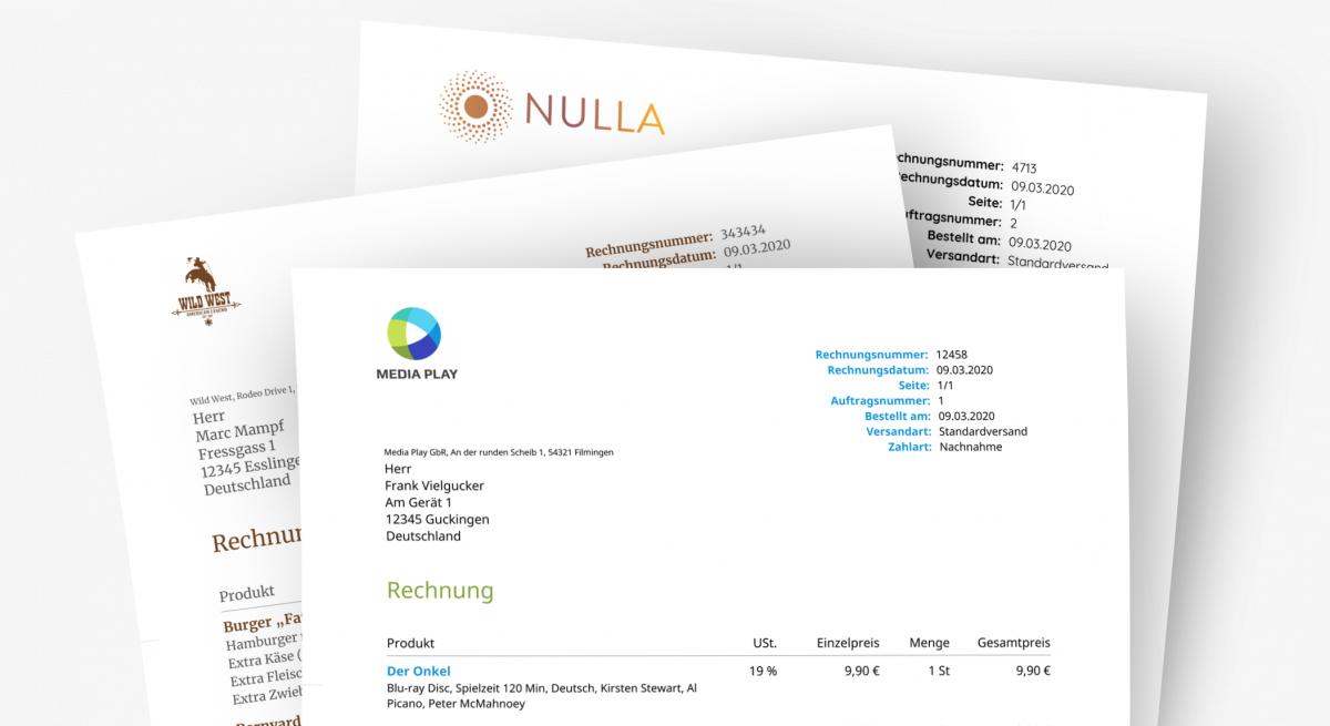 Fotos von drei verschiedenen mit PDF Rechnungen erstellten Rechnungen.