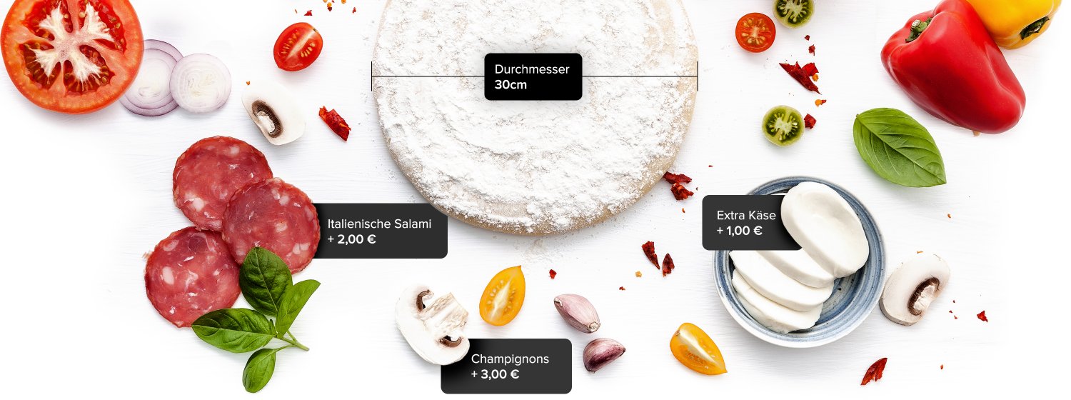 Pizza mit verschiedenen Zutaten und Extras, die man mit der Erweiterung Produktkonfigurator prima konfigurieren kann.