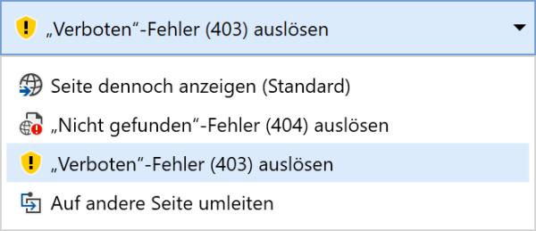 Bildschirmfoto Auswahl Aktion bei Zugriff auf ausgeblendete Seite.
