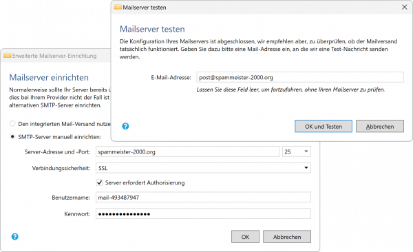 Zwei übereinanderliegende Bildschirmfotos mit Dialogen zum Mailserver administrieren.