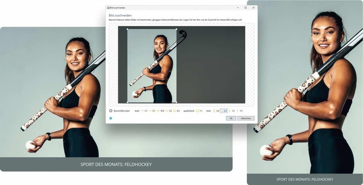 Collage von Bildschirmfotos zum Thema Art Selektion, Einstellungsdialog und Ergebnisse in verschiedenen Formaten.