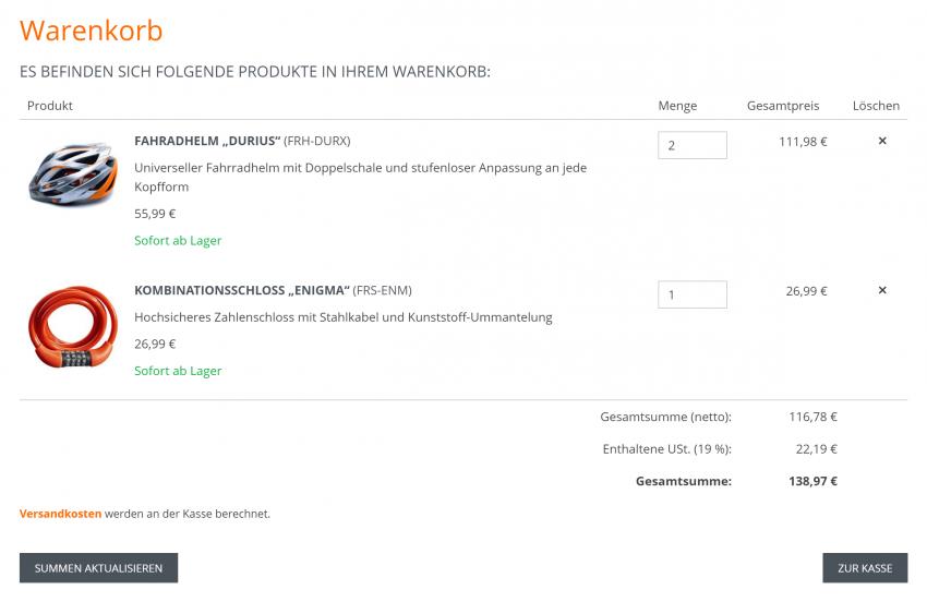 Bildschirmfoto Kaufabwicklung Warenkorb.