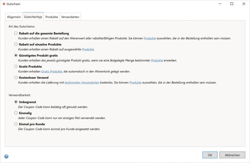 Bildschirmfoto Dialog Art des Gutscheins.