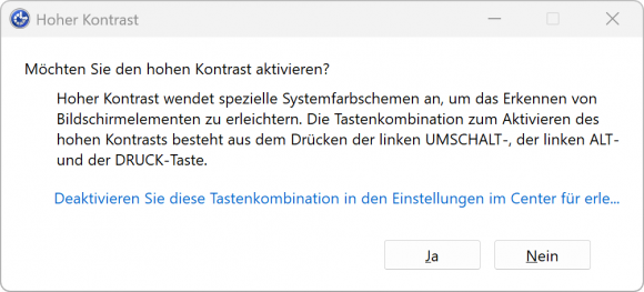 Bildschirmfoto Dialog Hochkontrastmodus.
