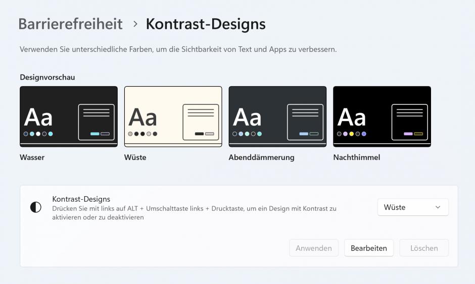 Bildschirmfoto Eigenschaften Hochkontrastmodus.