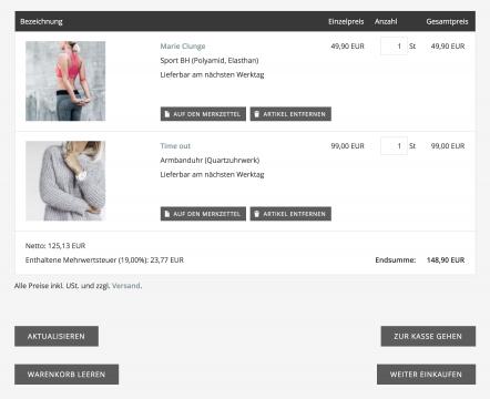 Bildschirmfoto Ausschnitt Warenkorb.
