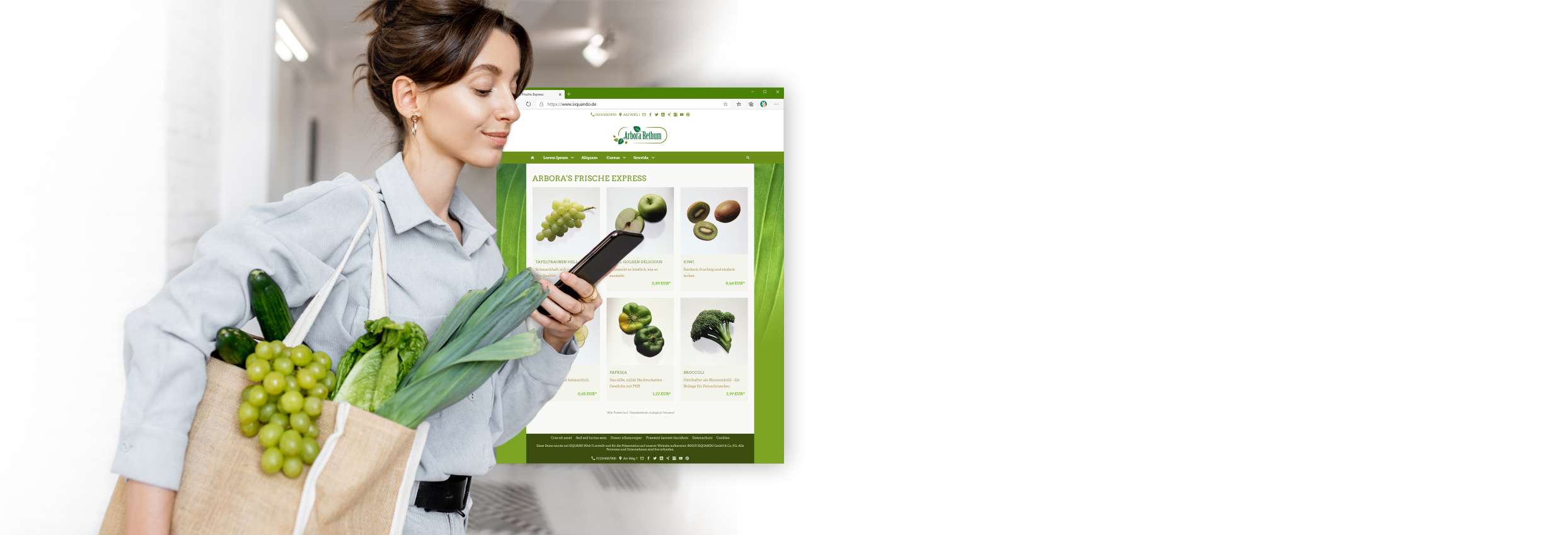 Collage aus Frau mit Papiertüte voll Gemüse und Bildschirmfoto des Gemüse-Shops.
