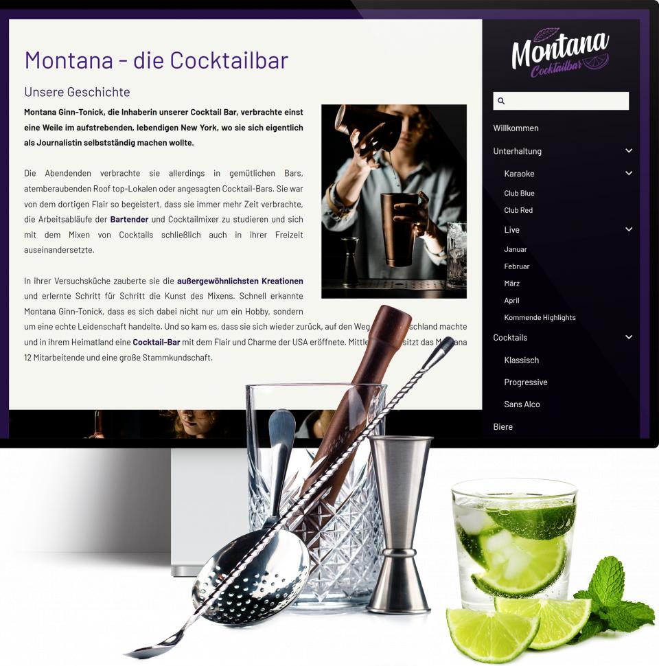 Bildschirm mit einer einer mit SIQUANDO Web erstellten Website mit vertikaler Navigation.