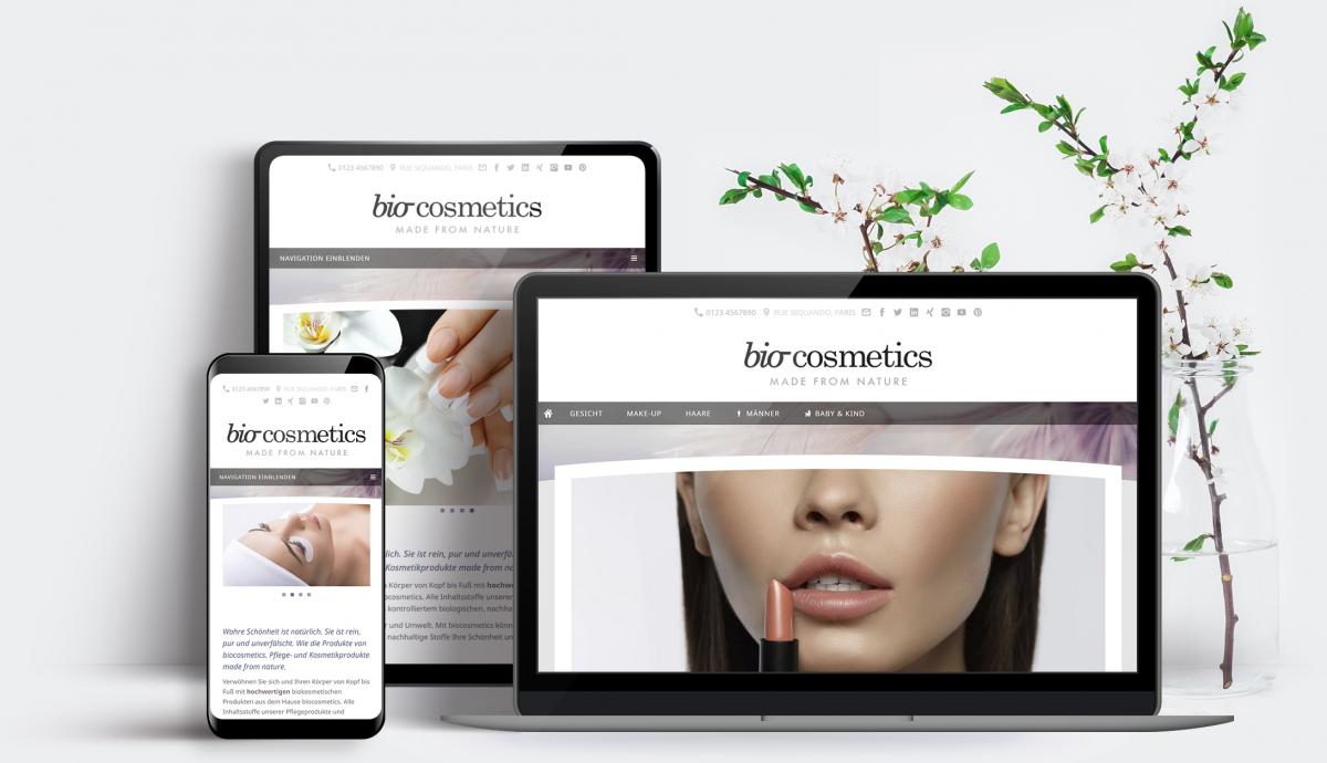 Collage aus Notebook, Tablet und Smartphone auf denen das Infinity Design Elara abgebildet ist.