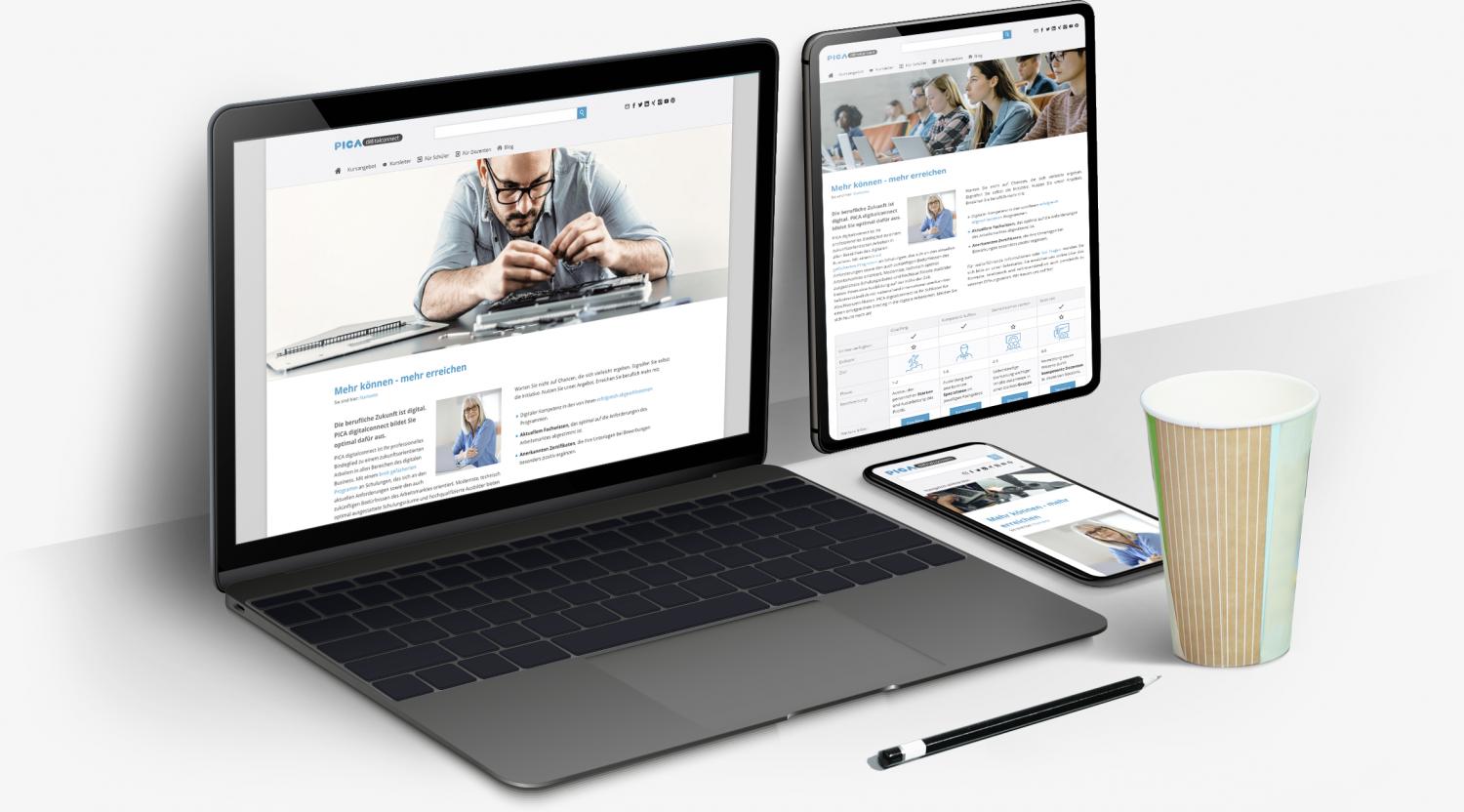 Collage aus Notebook, Tablet und Smartphone auf denen das Infinity Design Pica abgebildet ist.