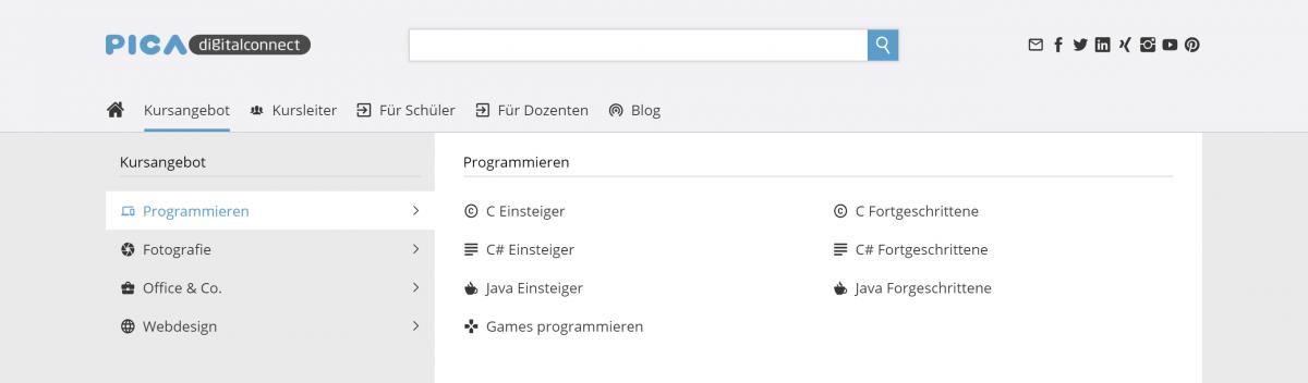 Bildschirmfoto Design Pica Ausschnitt Kopfbereich mit geöffnetem Menü.