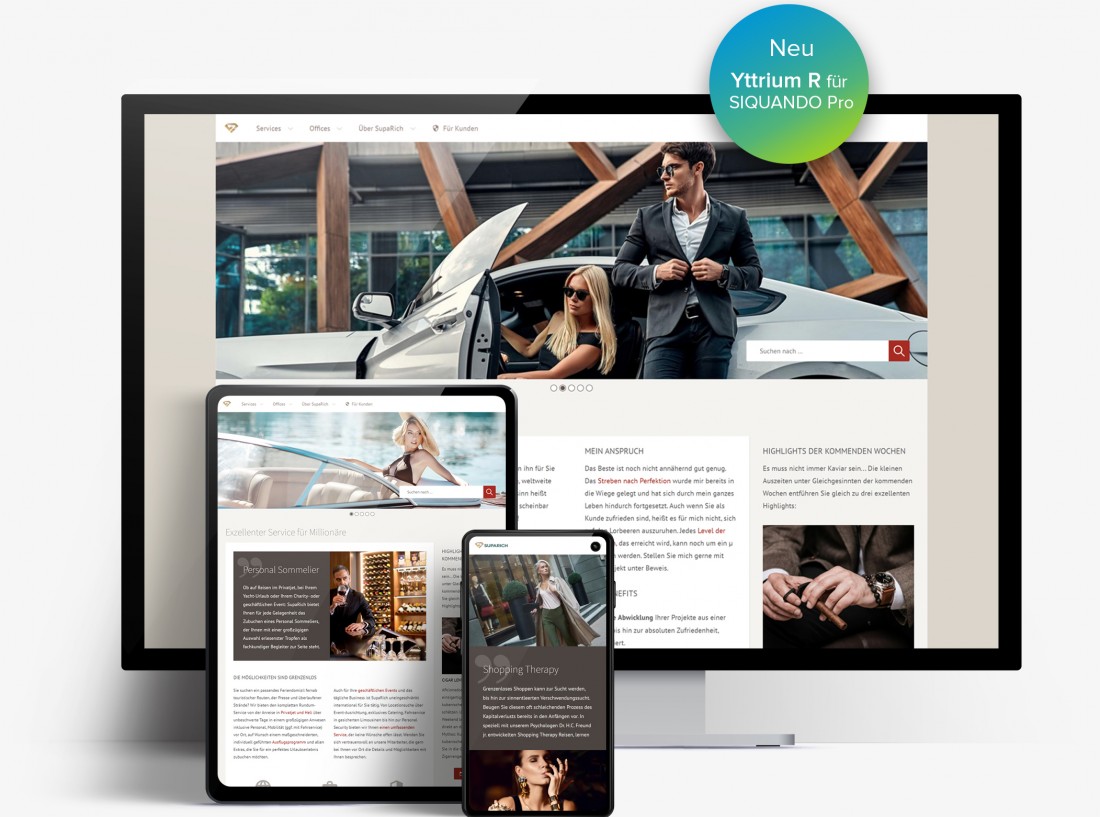 Collage aus Monitor, Tablet und Smartphone auf denen das Infinity Design Yttrium abgebildet ist.