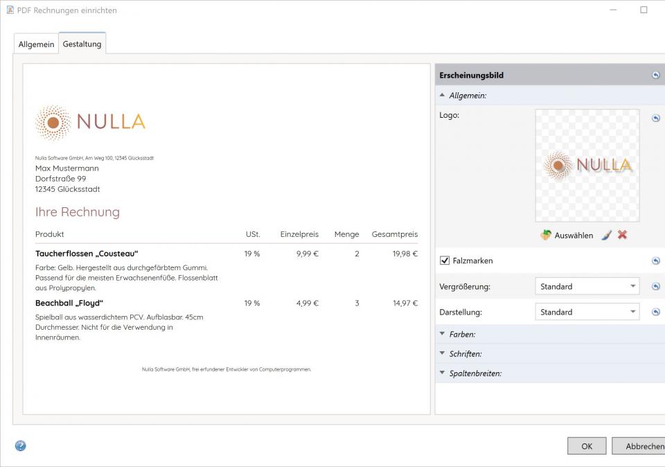 Bildschirmfoto Dialog PDF Rechnungen einrichten.
