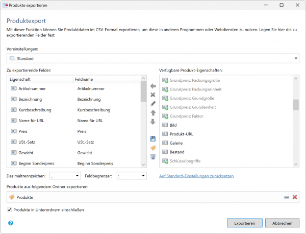 Bildschirmfoto Produktexport.
