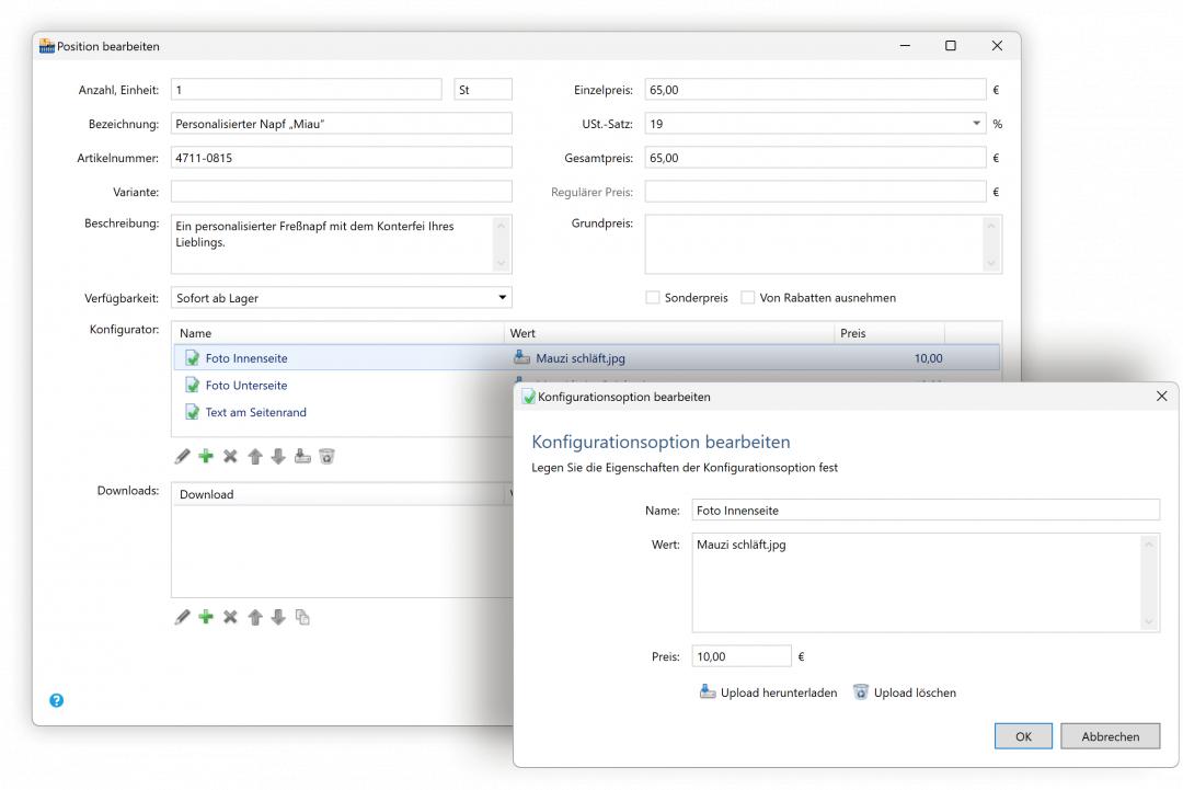 Bildschirmfoto von zwei übereinanderliegenden Dialogen zur Konfiguration von Produkten und Uploads.