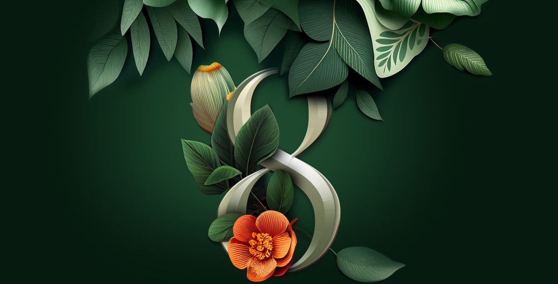 Eine große 8 mit Blattern und Blüten.