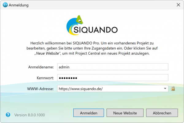 Bildschirmfoto Fenster Anmeldung am SIQUANDO Projekt.