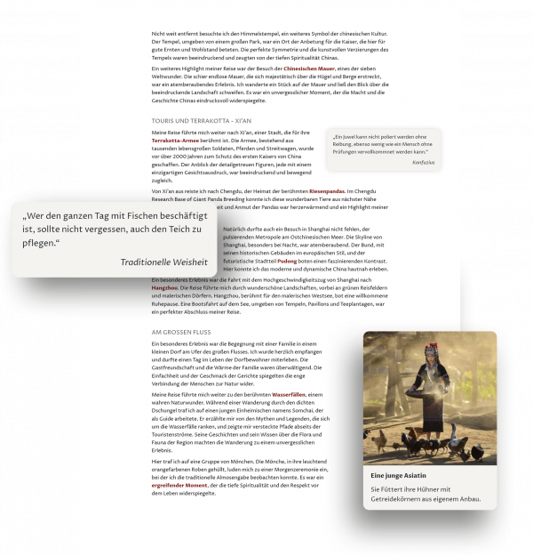 Bildschirmfoto mit darüber schwebenden Ausschnitten zum verdeutlichen von Absatzeinzug und anderen Typographiermerkmalen.