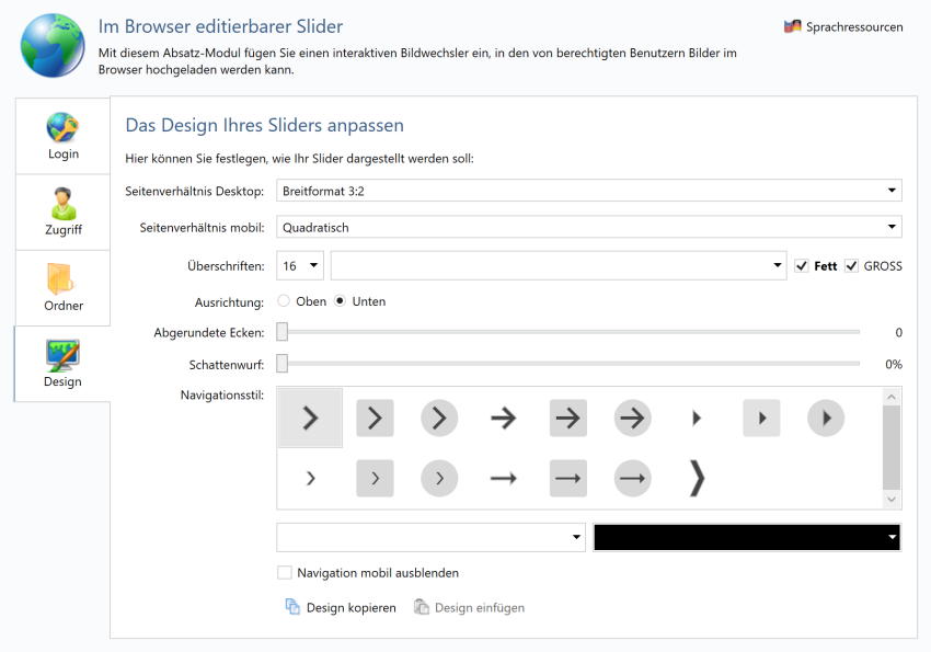 Bildschirmfoto Slider Design.