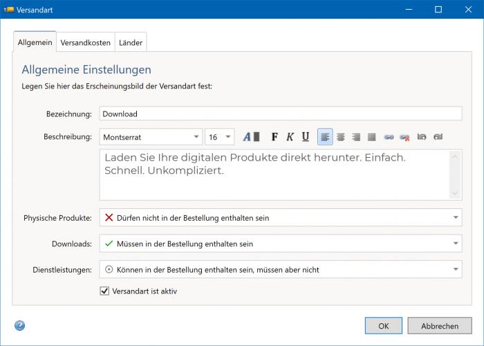 Bildschirmfoto Dialog Versandoptionen.