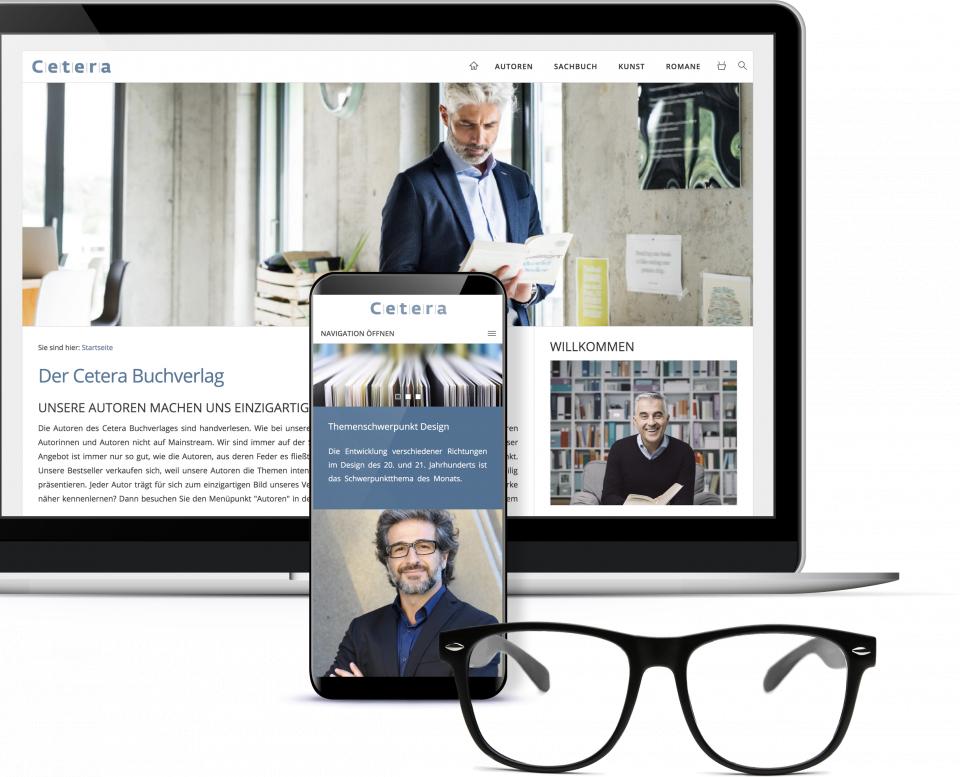 Collage Brille mit Monitor und Smartphone, welches das Design Cetera zeigen.