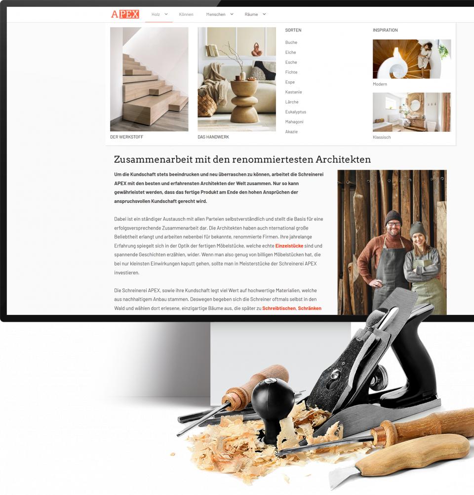 Bildschirm mit einer einer mit SIQUANDO Web erstellten Website mit geöffneten Supermenüs.