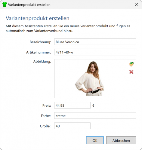 Bildschirmfoto Fenster Variantenprodukt erstellen.