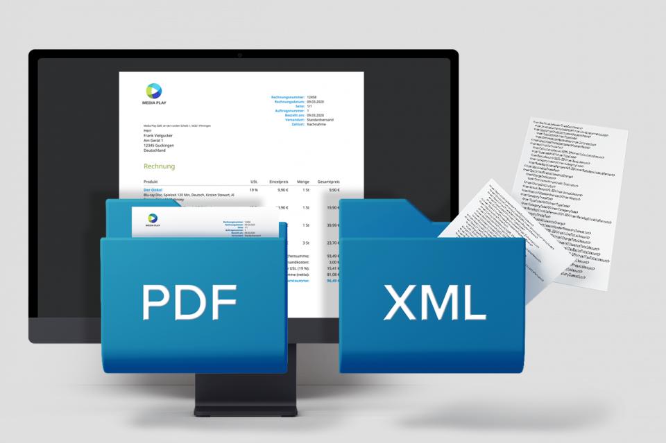 Illustration Monitor auf dem eine Rechnung gezeigt wird und Symbole für Papier- und E-Rechnung.