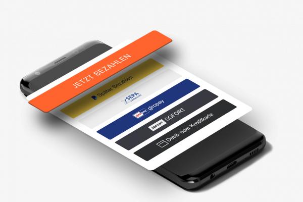 Collage von Bildschirmfoto-Ausschnitten des Absatzmoduls Bezahlbutton mit PayPal Checkout.