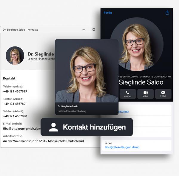 Collage von Bildschirmfoto-Ausschnitten des Absatzmoduls Visitenkarten Button.