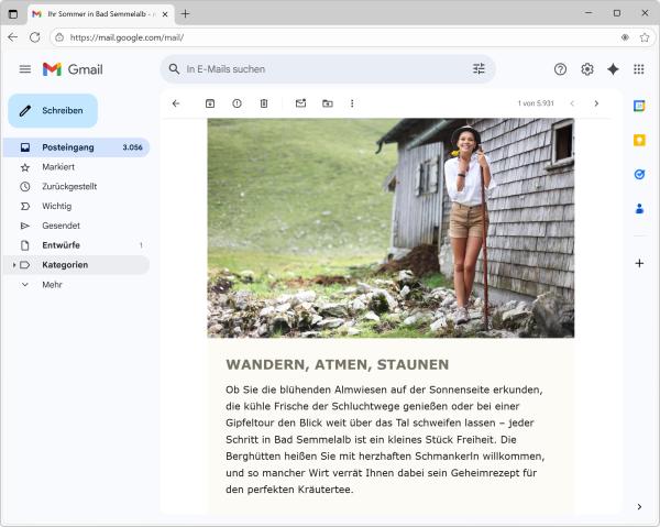 Bildschirmfoto von Gmail, in dem man einen Newsletter mit Absatztyp Bild sieht.