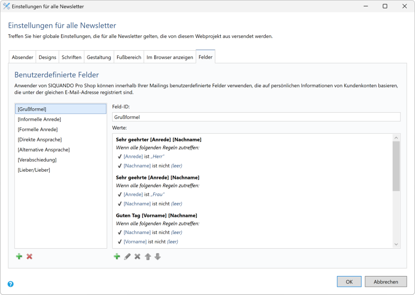 Bildschirmfoto Benutzerdefinierte Felder in Pro Shop.