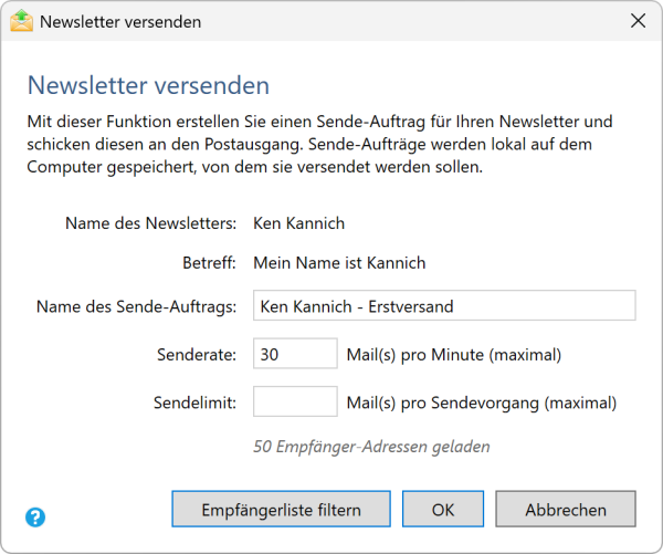 Bildschirmfoto Versandauftrag erstellen.