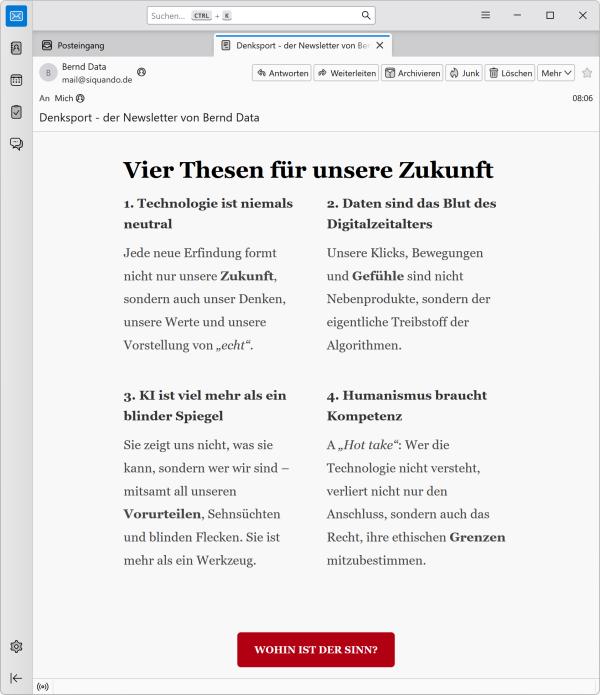 Bildschirmfotos eines Webmailers in dem man einen Newsletter mit Absatztyp Aufzählung/Faktenliste sieht.