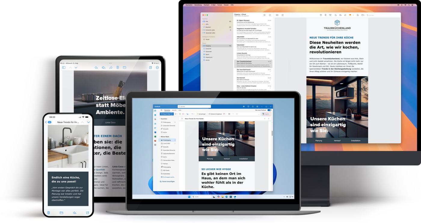 Collage aus verschiedenen Geräten und Anwendungen in denen derselbe responsive Newsletter dargestellt ist.
