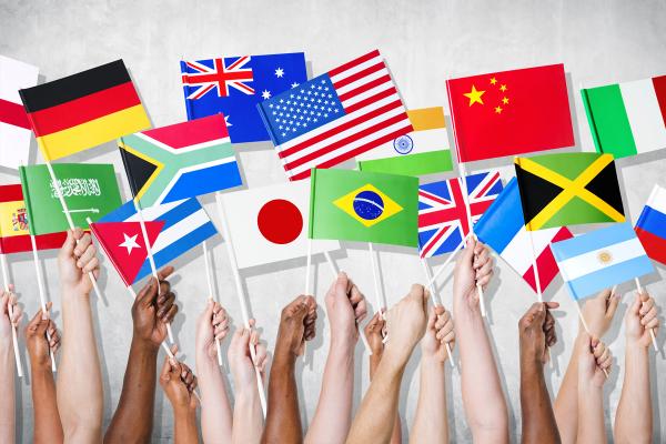 Illustration von Händen die verschiedene Flaggen halten.