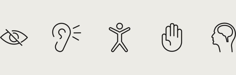 Fünf Symbole Barrierefreiheit.