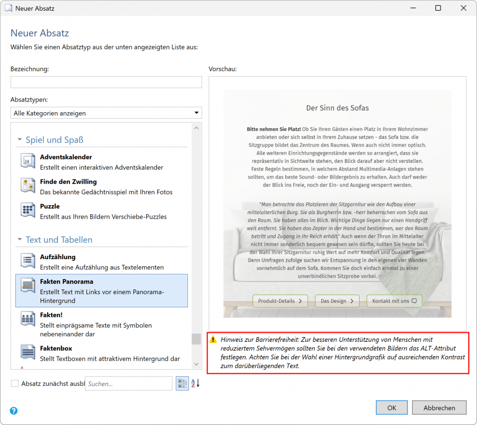 Bildschirmfoto Dialog Neuer Absatz.