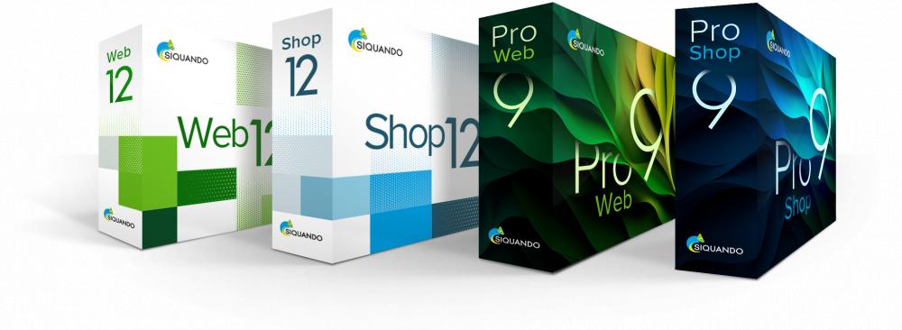 Collage von vier Produktschachteln für Web, Shop, Pro Web und Pro Shop.