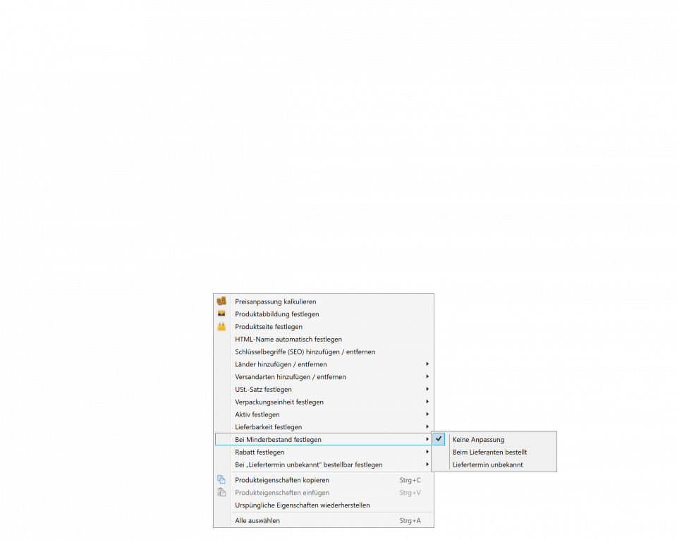 Collage Bildschirmfotos Produkte bearbeiten und Kontext Menü.