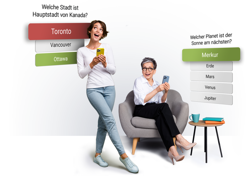 Glückliche Menschen beantworten Quizfragen auf Ihren Handys.