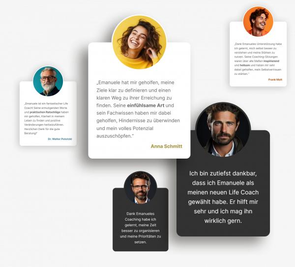 Collage von Bildschirmfoto-Ausschnitten des Absatzmoduls Kachel Testimonials.