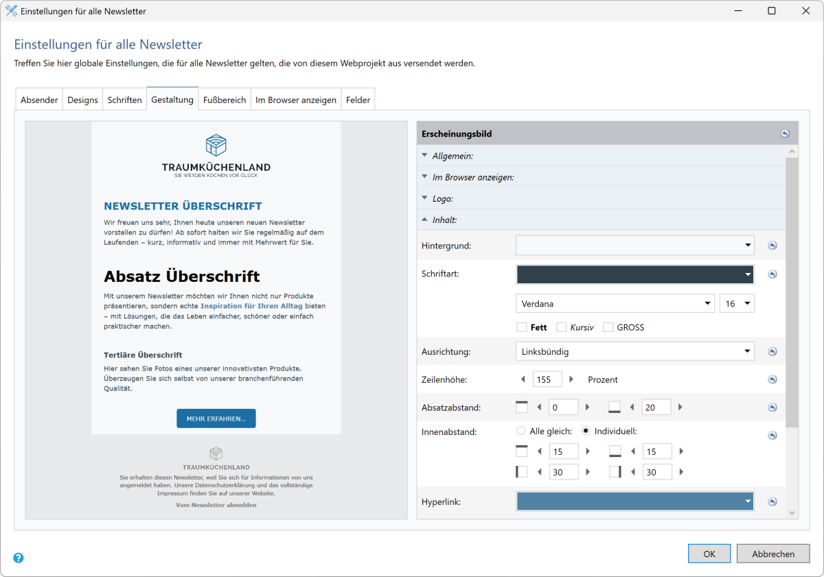 Bildschirmfoto mit Einstellungen für das Design eines Newsletters.